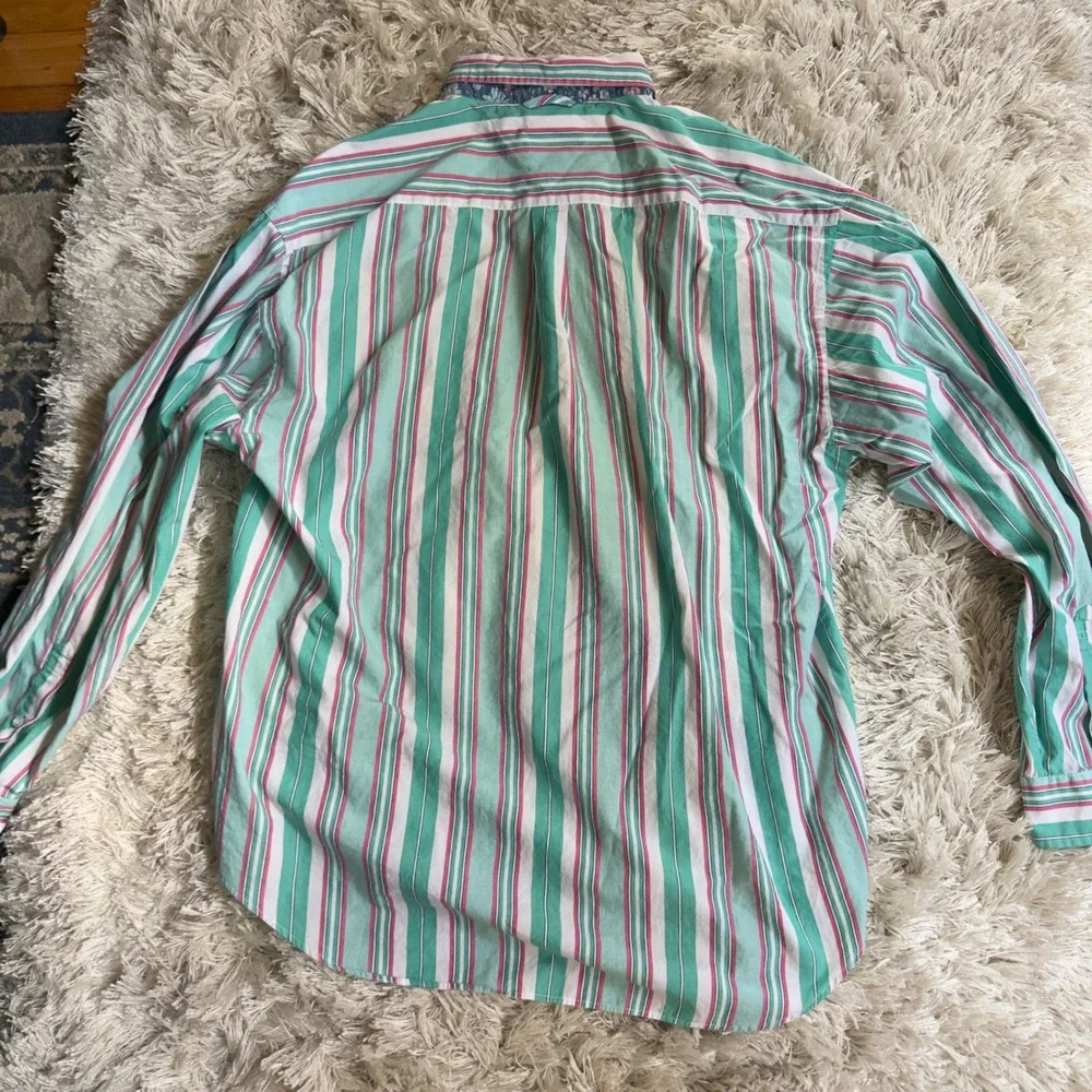 Vintage 90s Tommy Hilfiger Striped Button Down Shirt Mens L Green Pink Crest